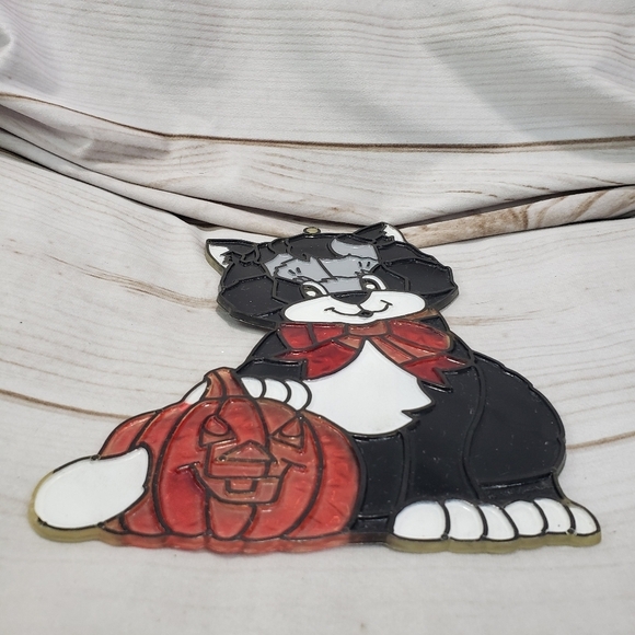 New Design Halloween Black White Cat & Pumpkin Plastic Sun Catcher Window 8 Inch - Picture 5 of 8